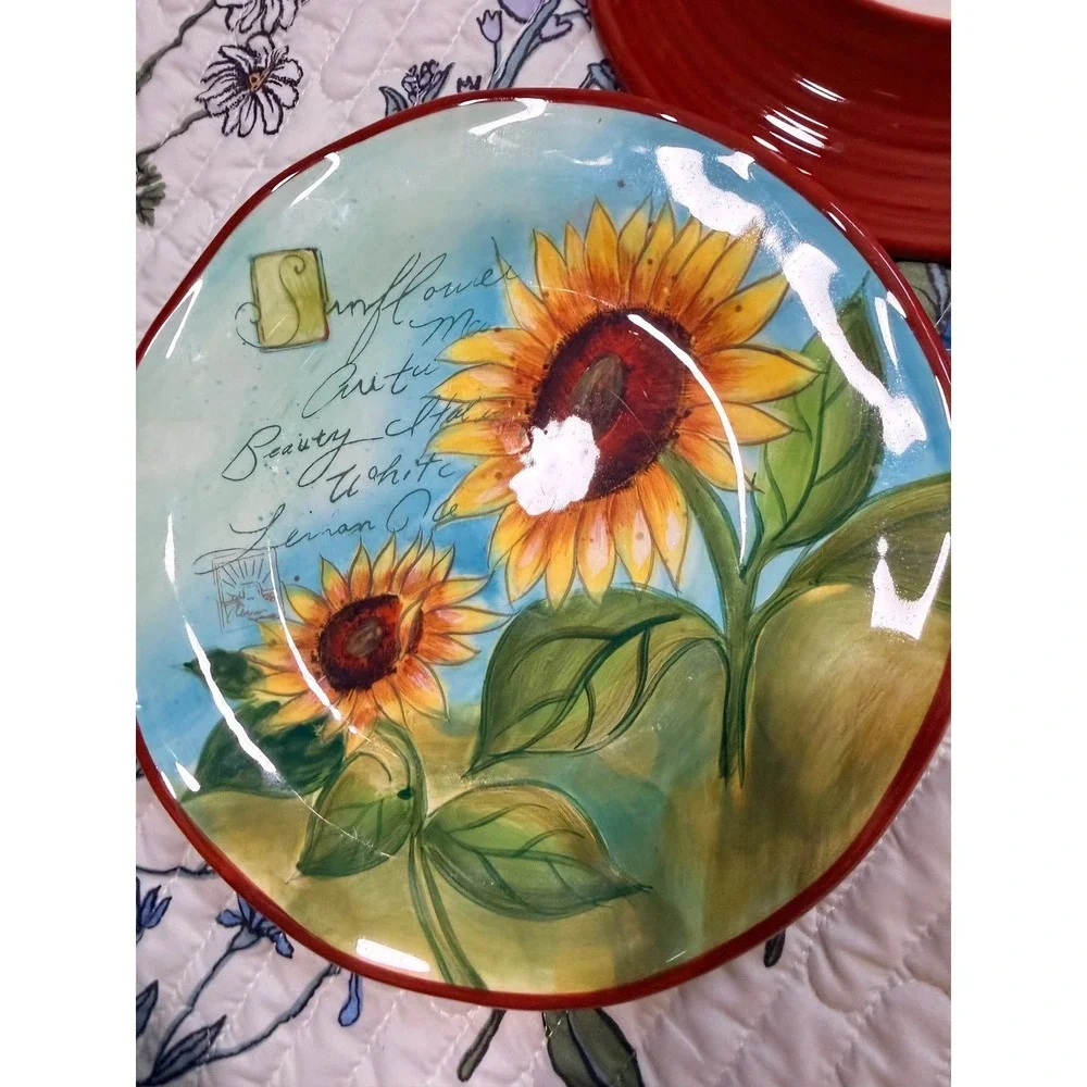 Certified International Salad Plates Set of 4 Sunflower Blue Yellow Ceramic 8.5i